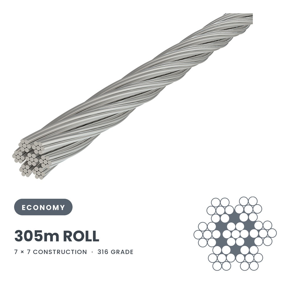 7 x 7 Wire Rope 316 Grade Stainless SIZES: 3.2mm-4.0mm - 305 Metre Rolls