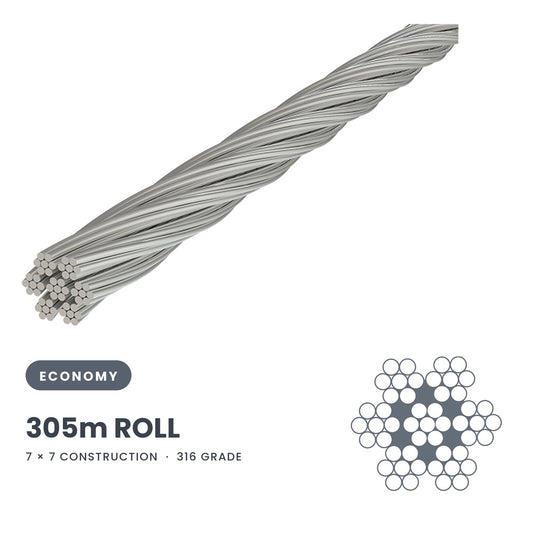 7 x 7 Wire Rope 316 Grade Stainless SIZES: 3.2mm-4.0mm - 305 Metre Rolls