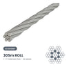 7 x 7 Wire Rope 316 Grade Stainless SIZES: 3.2mm-4.0mm - 305 Metre Rolls