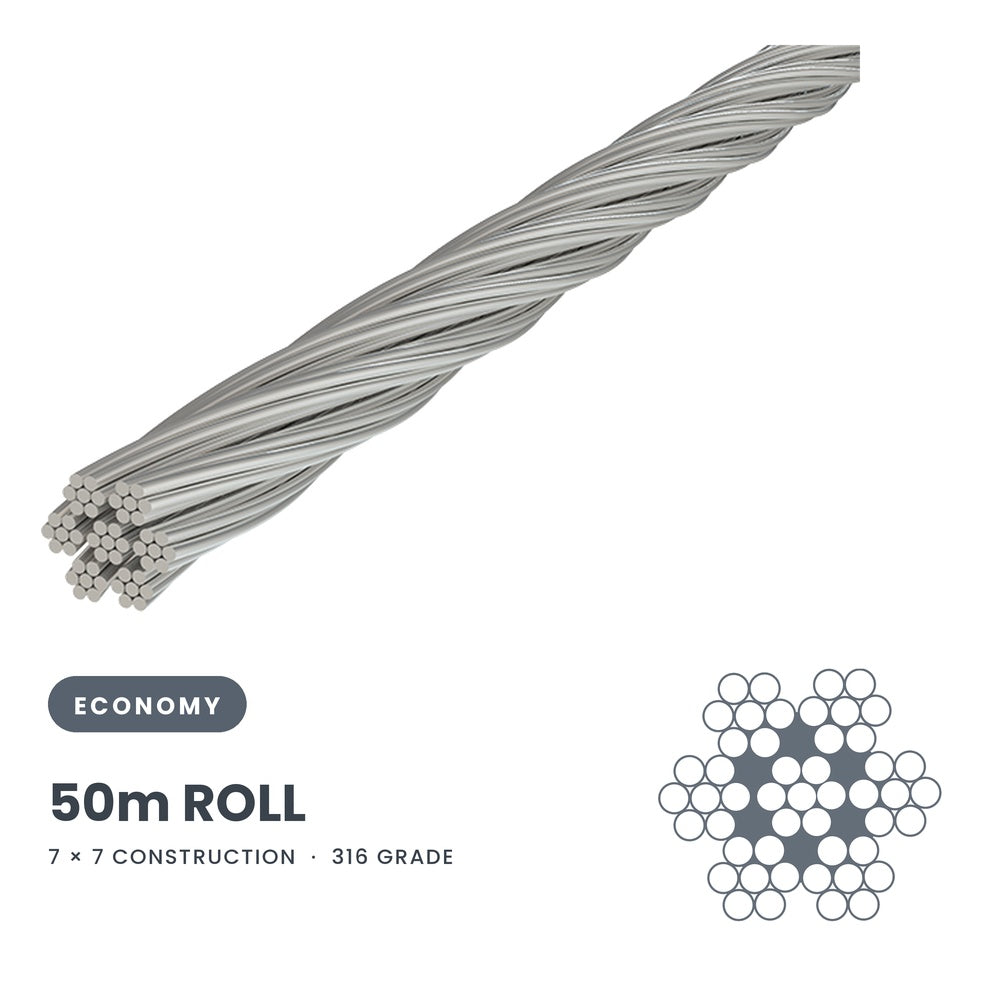 3.2mm 7 x 7 Wire Rope 50 Metre Roll - 316 Grade Stainless Steel
