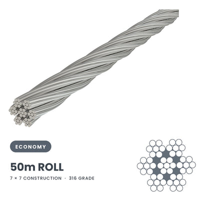 3.2mm 7 x 7 Wire Rope 50 Metre Roll - 316 Grade Stainless Steel