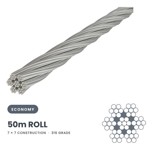 3.2mm 7 x 7 Wire Rope 50 Metre Roll - 316 Grade Stainless Steel