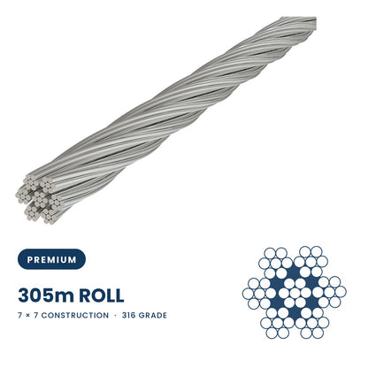 7 x 7 Wire Rope 316 Grade Stainless Steel - SIZES: 1mm - 12mm 305 Metre Roll