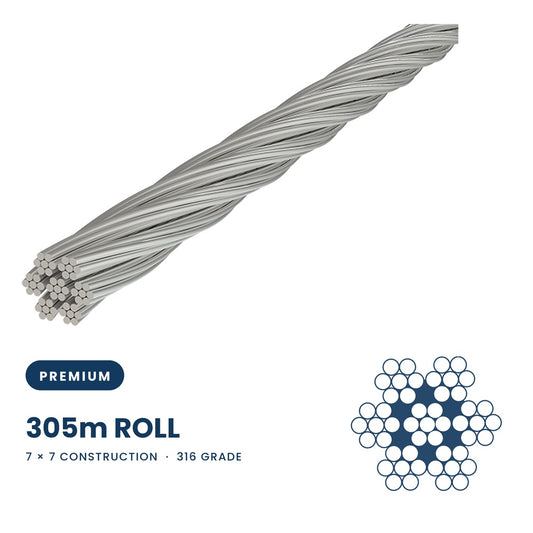 7 x 7 Wire Rope 316 Grade Stainless Steel - SIZES: 1mm - 12mm 305 Metre Roll
