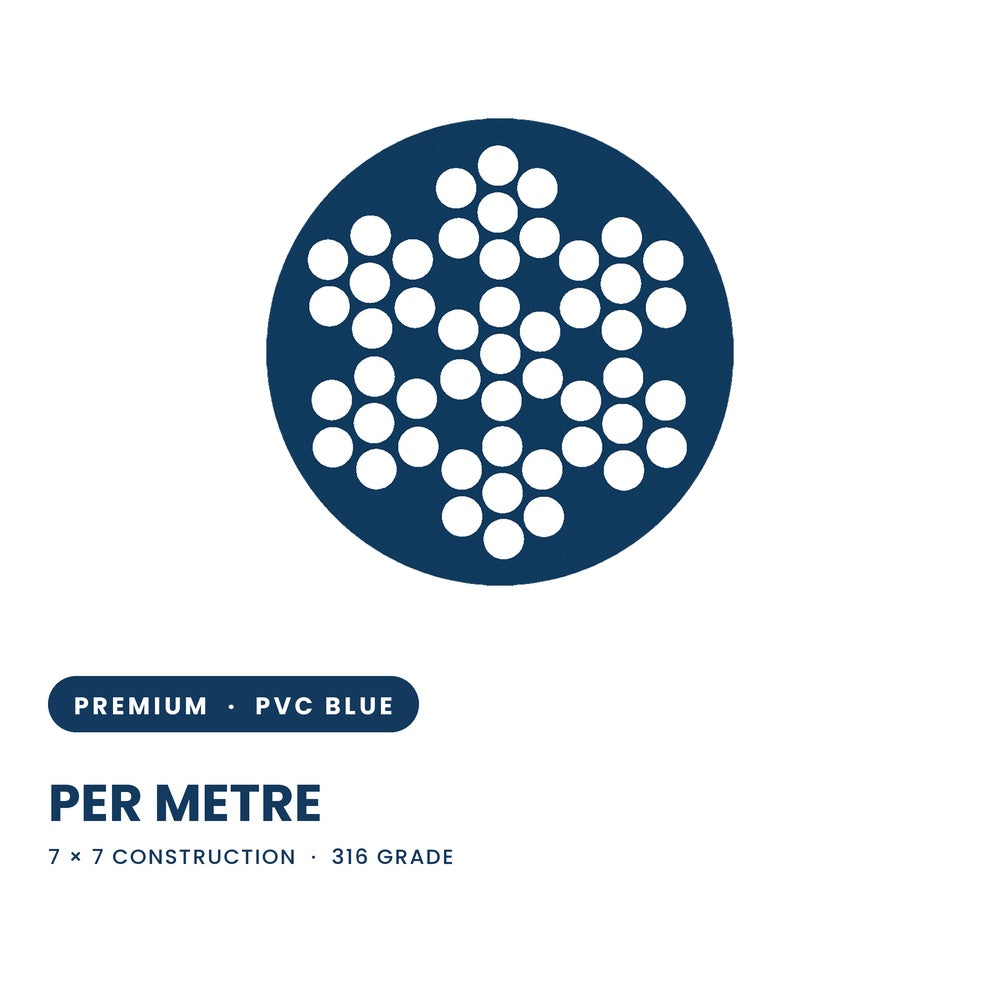 2.5 - 3.5mm 7x7 Wire Rope Premium Quality Korean Made PVC Coated 316 Grade Stainless Steel - Blue