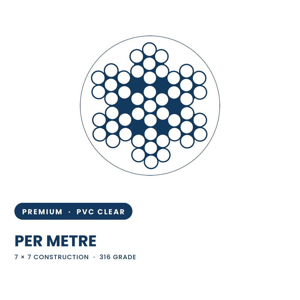 7x7 Wire Rope PVC Coated 316 Grade Stainless Steel - Clear - SIZES: 1.6mm - 6.4mm