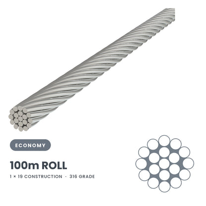 3.2mm 1 x 19 Wire Rope 100 Metre Roll - 316 Grade Stainless Steel