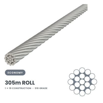 3.2mm 1 x 19 Wire Rope 305 Metre Roll - 316 Grade Stainless Steel