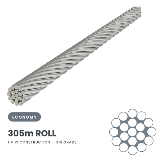 3.2mm 1 x 19 Wire Rope 305 Metre Roll - 316 Grade Stainless Steel