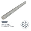 3.2mm 1 x 19 Wire Rope 305 Metre Roll - 316 Grade Stainless Steel