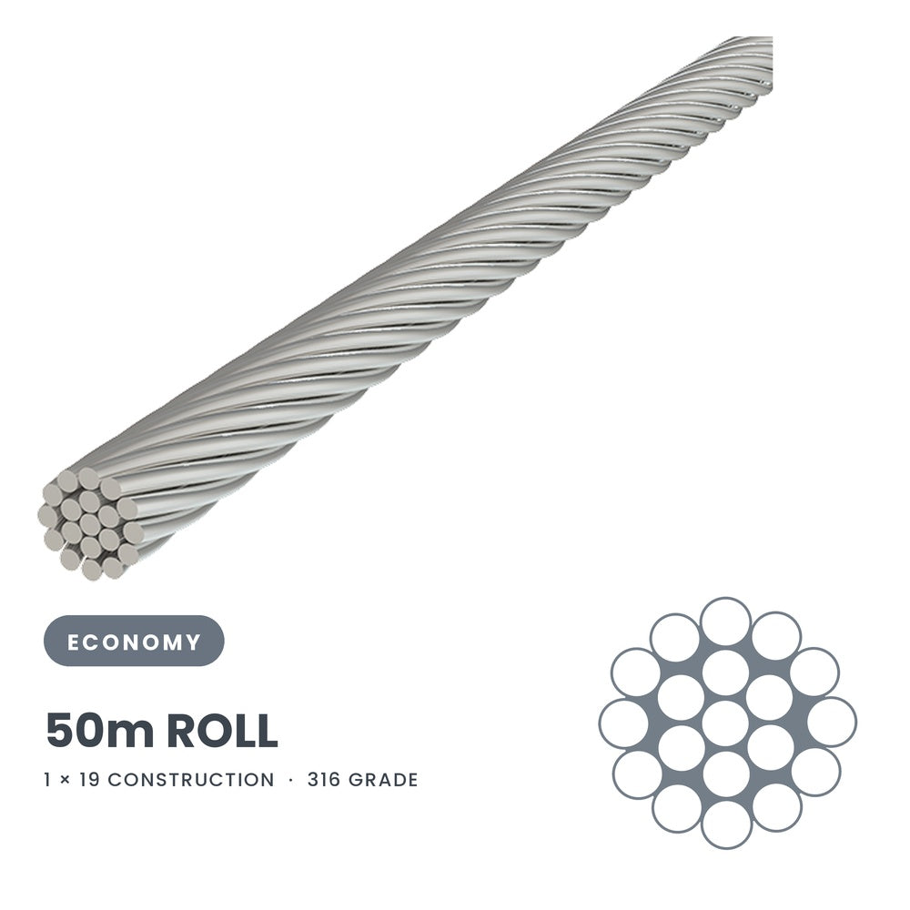 3.2mm 1 x 19 Wire Rope 50 Metre Roll - 316 Grade Stainless Steel
