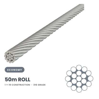 3.2mm 1 x 19 Wire Rope 50 Metre Roll - 316 Grade Stainless Steel