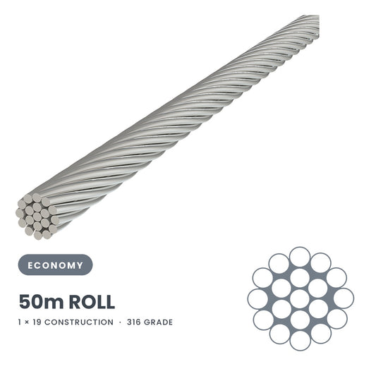 3.2mm 1 x 19 Wire Rope 50 Metre Roll - 316 Grade Stainless Steel