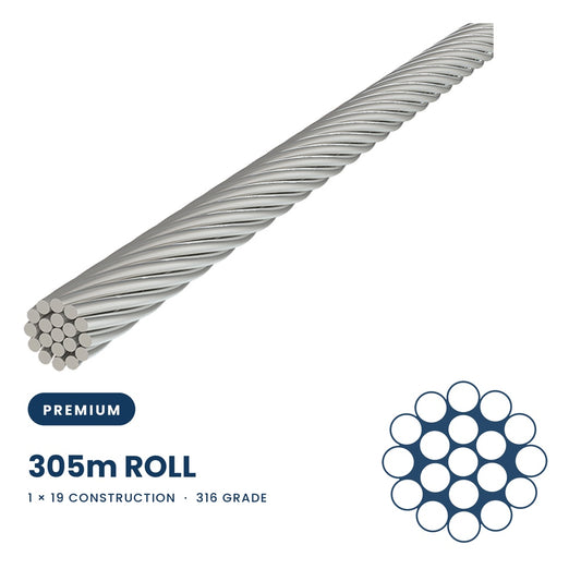 1 x 19 Wire Rope 316 Grade Stainless Steel - SIZES: 1.2mm - 14mm - 305 Metre Rolls