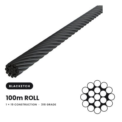 BlackEtch 3.2mm 1 x 19 Wire Rope 316 Grade Stainless Steel - 100 Metre Roll