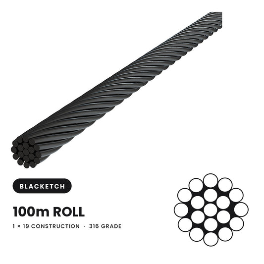 BlackEtch 3.2mm 1 x 19 Wire Rope 316 Grade Stainless Steel - 100 Metre Roll