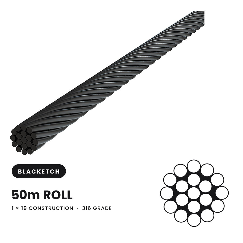 BlackEtch 3.2mm 1 x 19 Wire Rope 316 Grade Stainless Steel - 50 Metre Roll